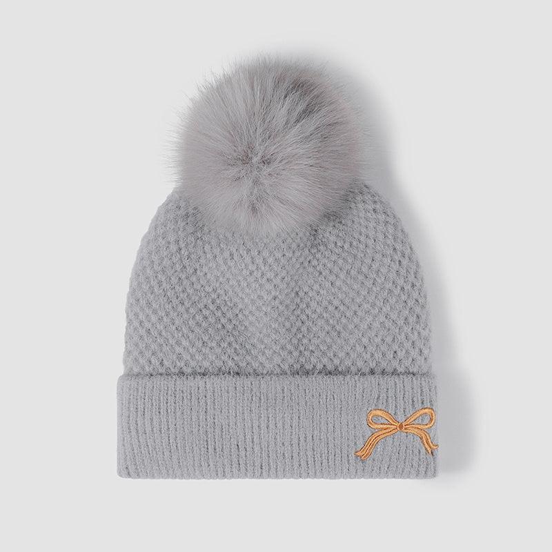 Thermal Bow Knit Hat with Pompom - Clothes For Her Online Store