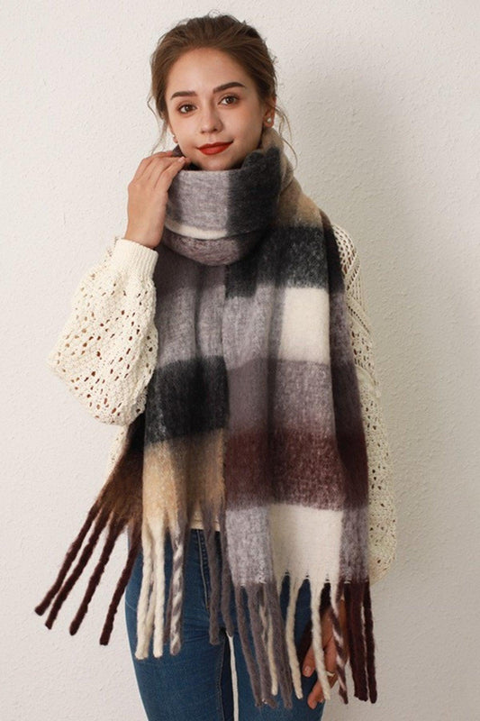 Thermal Fringe Contrast Plaid Scarf - Clothes For Her Online Store