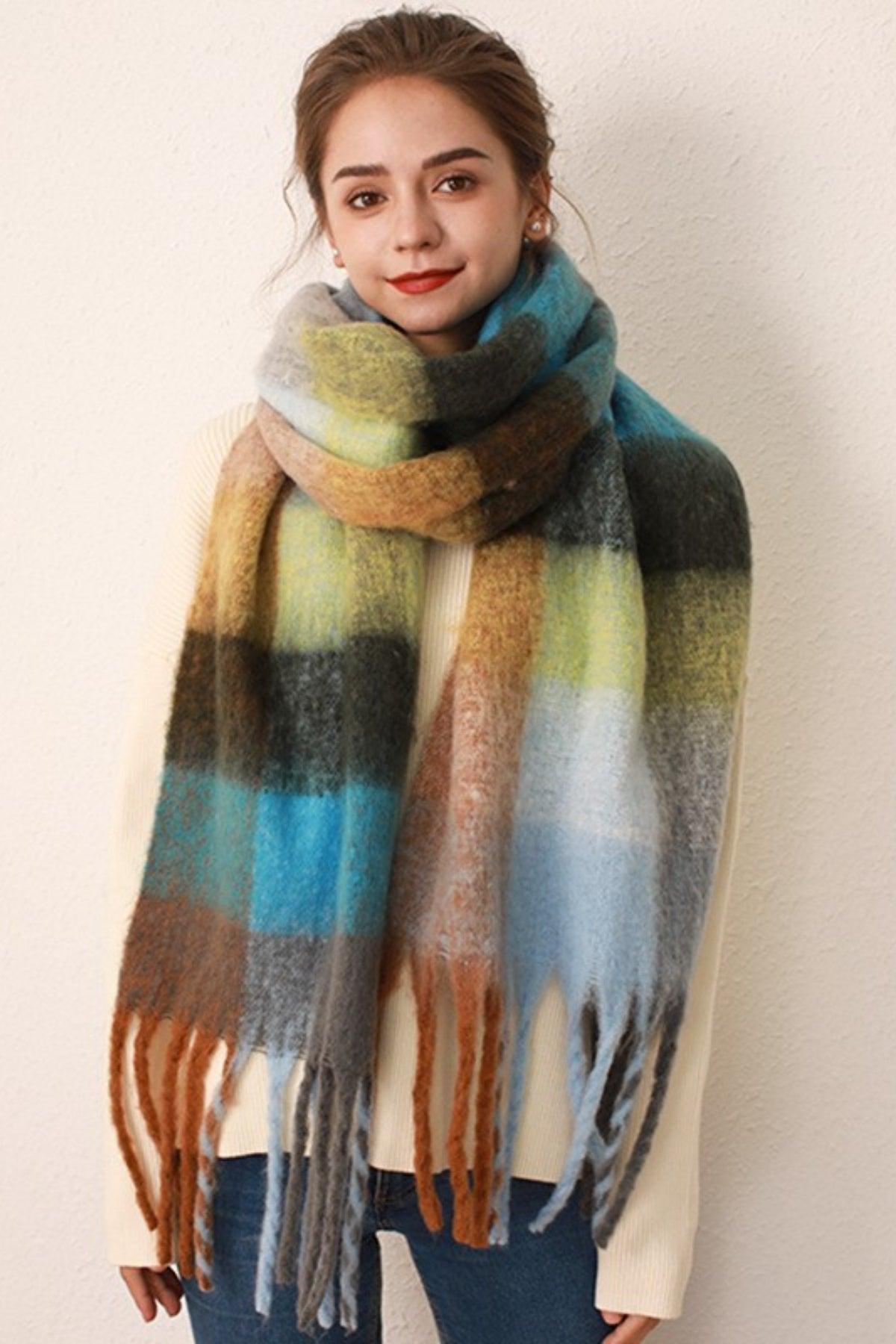 Thermal Fringe Contrast Plaid Scarf - Clothes For Her Online Store