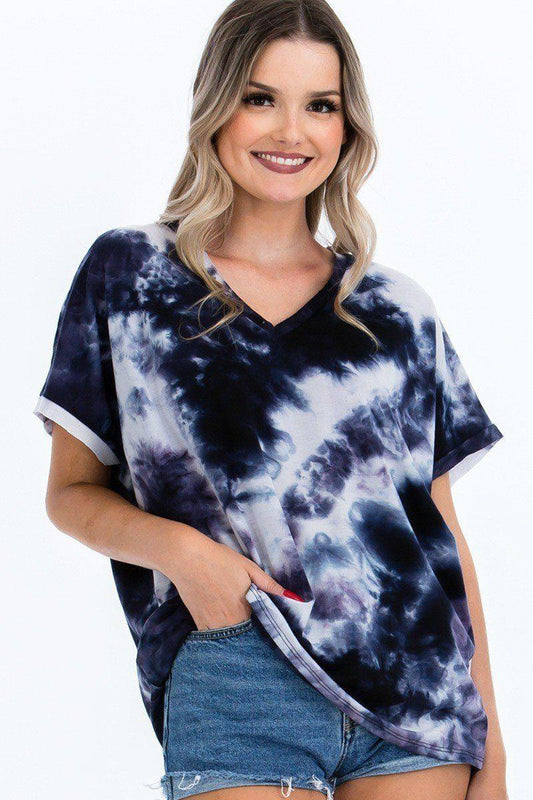 Tie-dye Top Featured In A V-neckline And Cuff Sort Sleeves - Clothes For Her Online Store