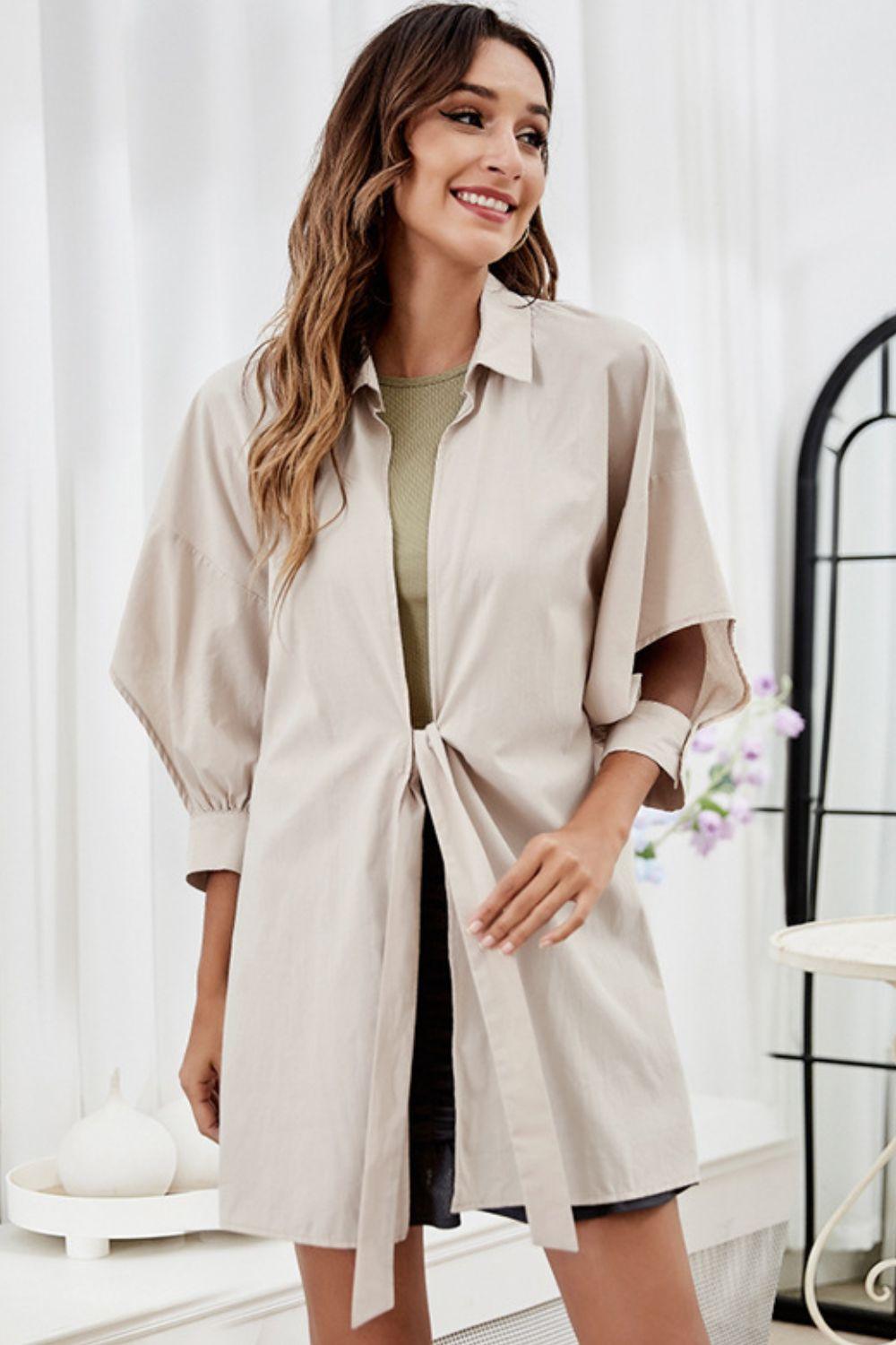 Tie Front Collared Neck Cutout Shacket - Clothes For Her Online Store