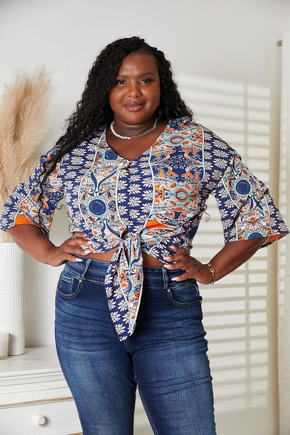 Tie Hem V-Neck Three-Quarter Sleeve Blouse - Clothes For Her Online Store