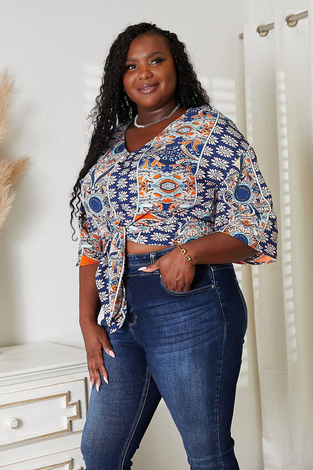 Tie Hem V-Neck Three-Quarter Sleeve Blouse - Clothes For Her Online Store
