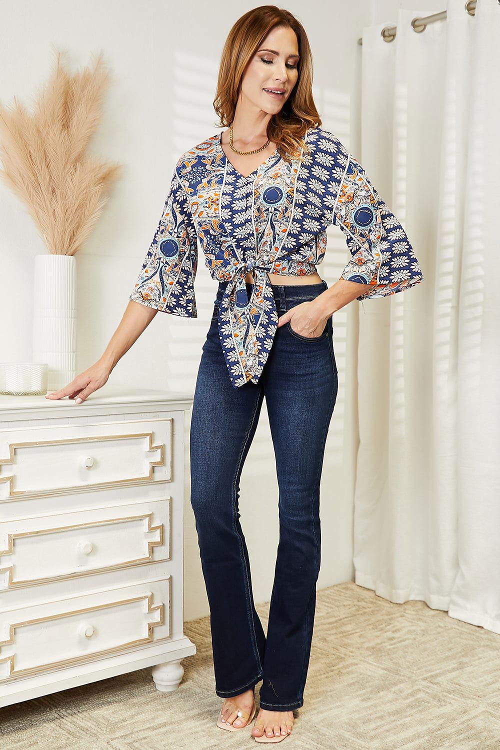 Tie Hem V-Neck Three-Quarter Sleeve Blouse - Clothes For Her Online Store
