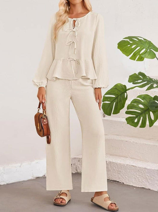 Tie Neck Balloon Sleeve Top and Pants Set - Clothes For Her Online Store