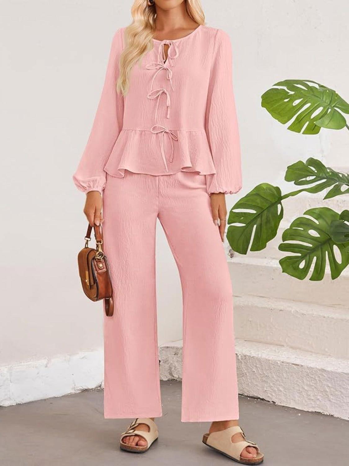 Tie Neck Balloon Sleeve Top and Pants Set - Clothes For Her Online Store