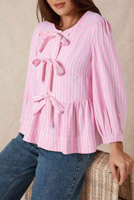Tied Bow Striped Round Neck Blouse - Clothes For Her Online Store