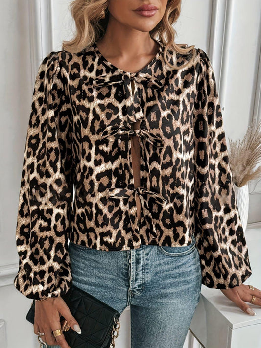 Tied Leopard Round Neck Long Sleeve Top - Clothes For Her Online Store
