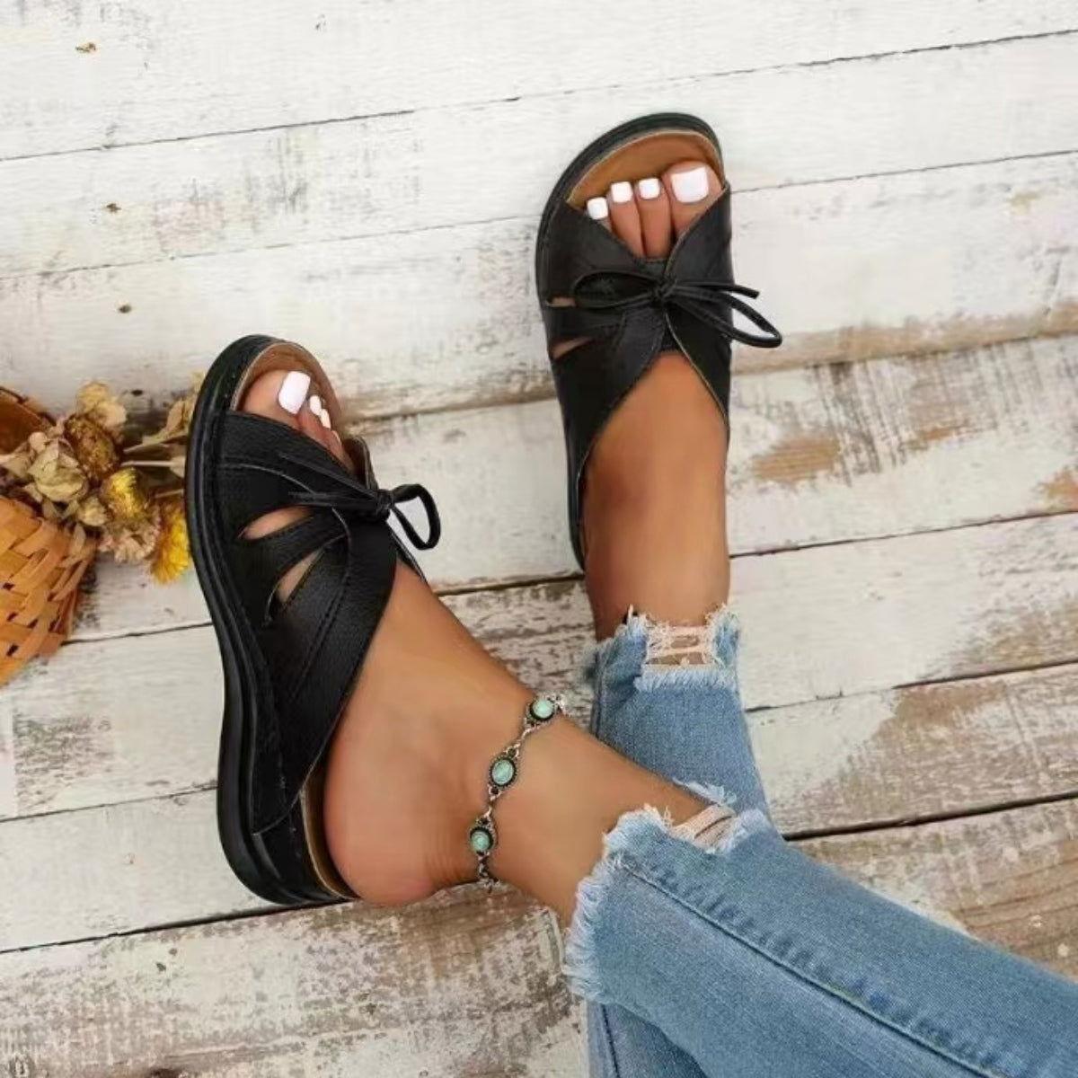 Tied Open Toe Low Heel Sandals - Clothes For Her Online Store