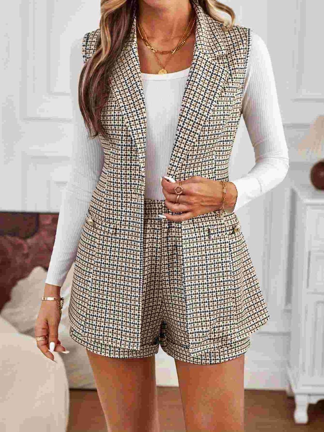 Tied Plaid Collared Neck Vest and Shorts Set - Clothes For Her Online Store