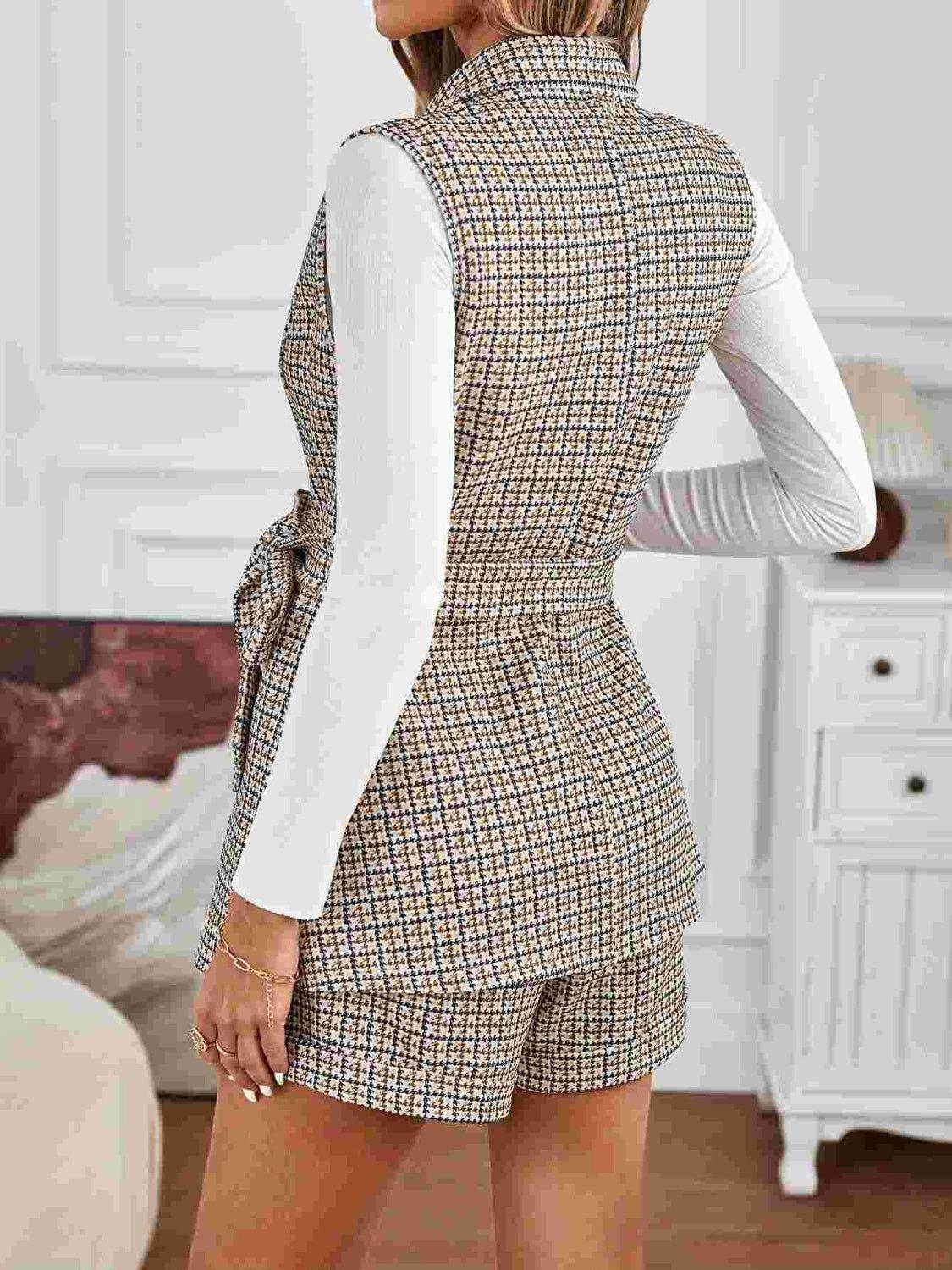 Tied Plaid Collared Neck Vest and Shorts Set - Clothes For Her Online Store