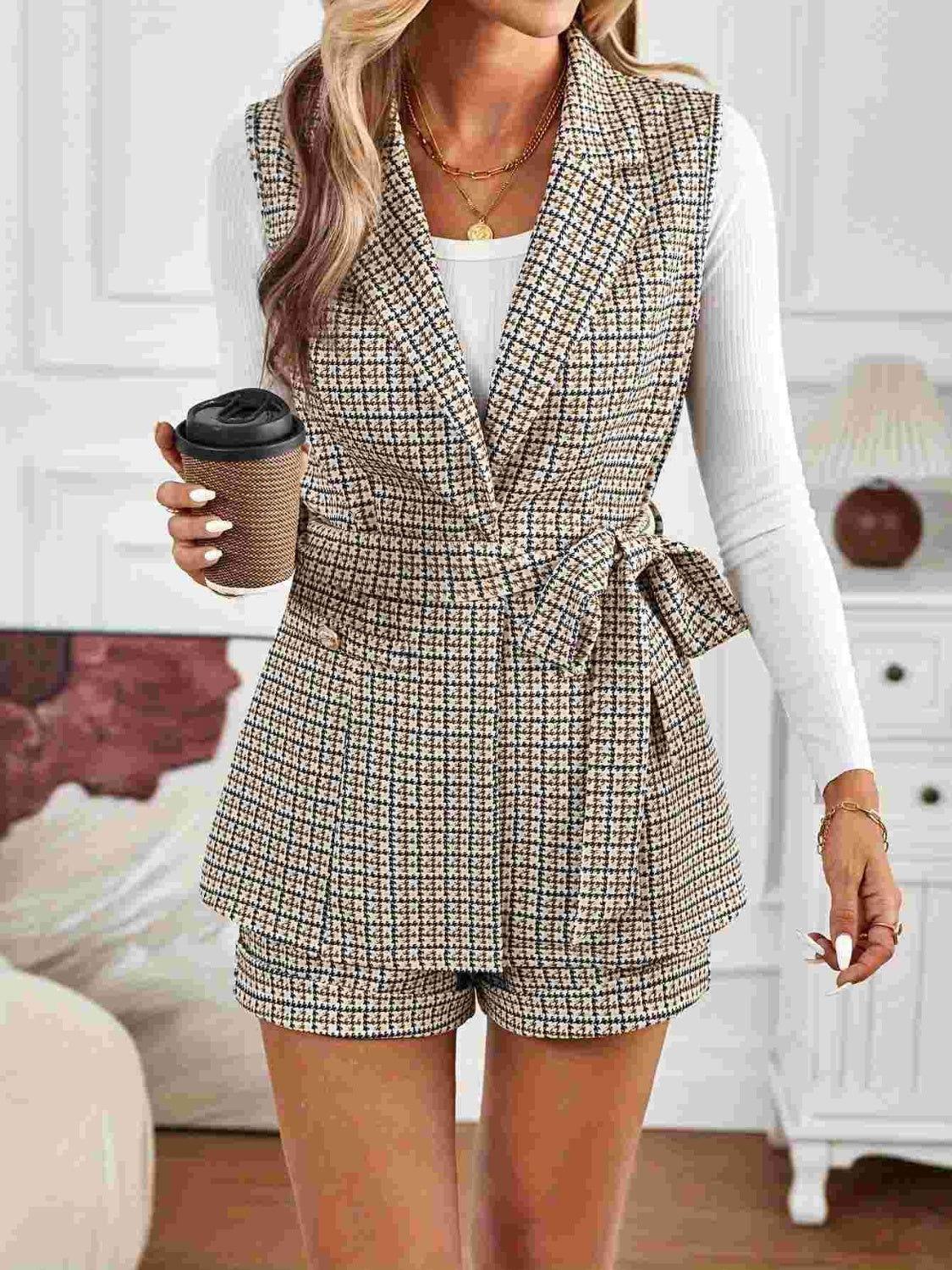 Tied Plaid Collared Neck Vest and Shorts Set - Clothes For Her Online Store