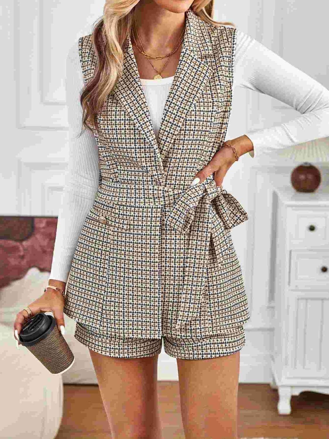 Tied Plaid Collared Neck Vest and Shorts Set - Clothes For Her Online Store