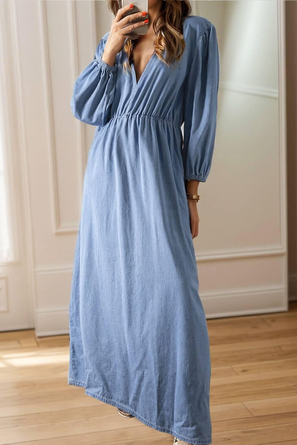 Tied Plunge Three-Quarter Sleeve Denim Dress - Clothes For Her Online Store