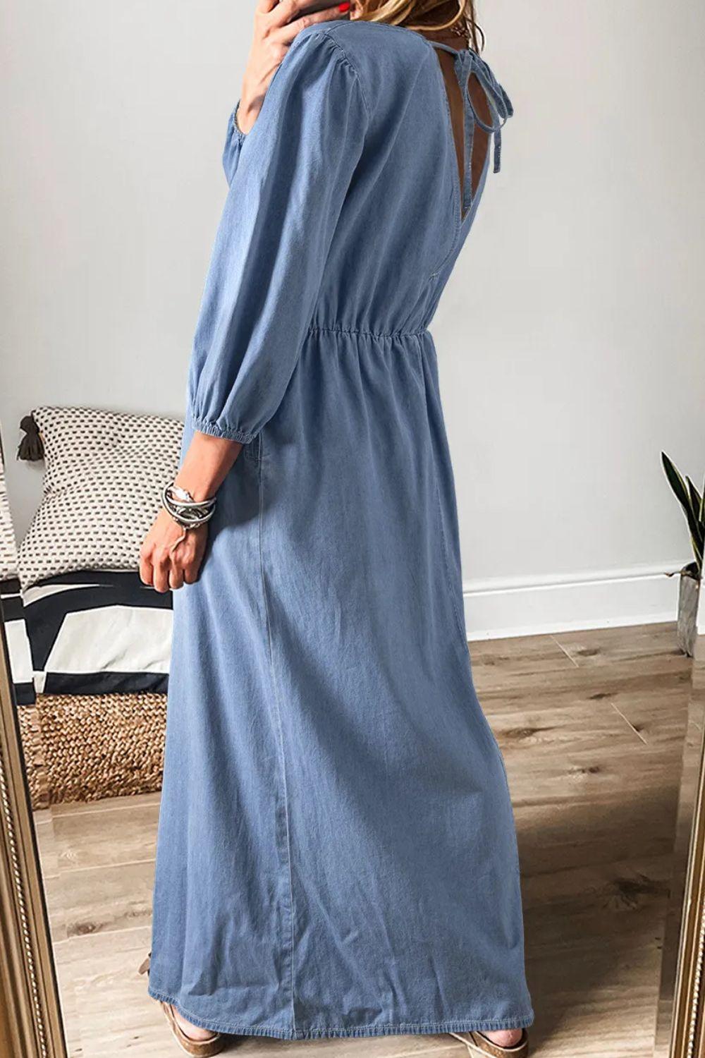 Tied Plunge Three-Quarter Sleeve Denim Dress - Clothes For Her Online Store