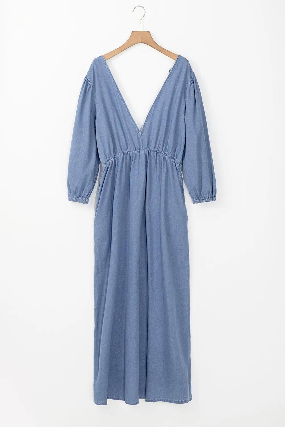 Tied Plunge Three-Quarter Sleeve Denim Dress - Clothes For Her Online Store
