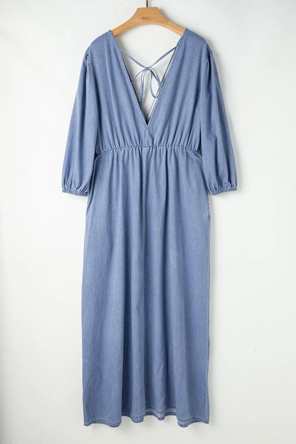 Tied Plunge Three-Quarter Sleeve Denim Dress - Clothes For Her Online Store