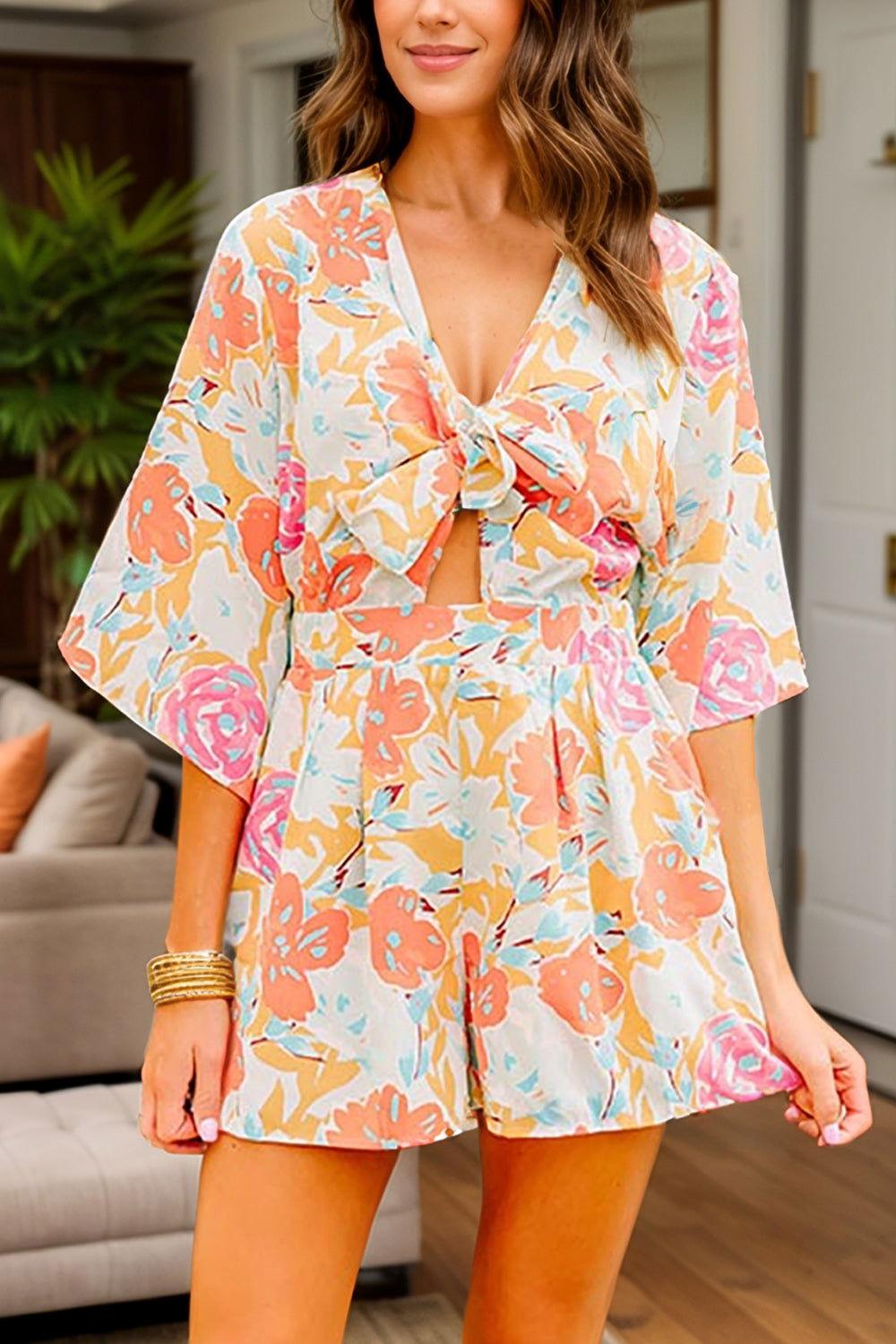 Tied Printed Half Sleeve Romper - Clothes For Her Online Store