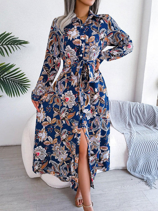 Tied Printed Long Sleeve Midi Dress - Clothes For Her Online Store