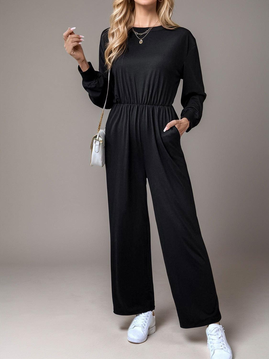 Tied Round Neck Wide Leg Jumpsuit - Clothes For Her Online Store