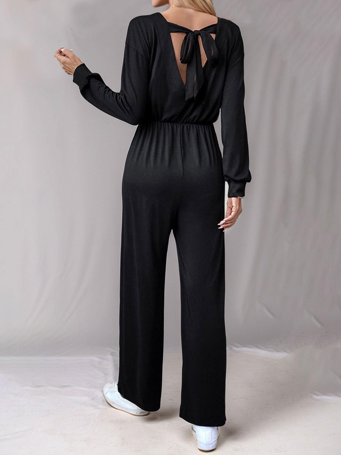Tied Round Neck Wide Leg Jumpsuit - Clothes For Her Online Store