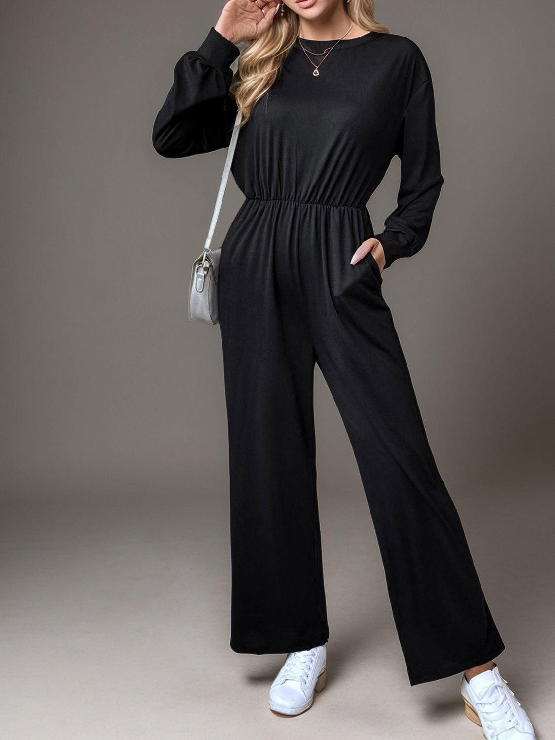 Tied Round Neck Wide Leg Jumpsuit - Clothes For Her Online Store
