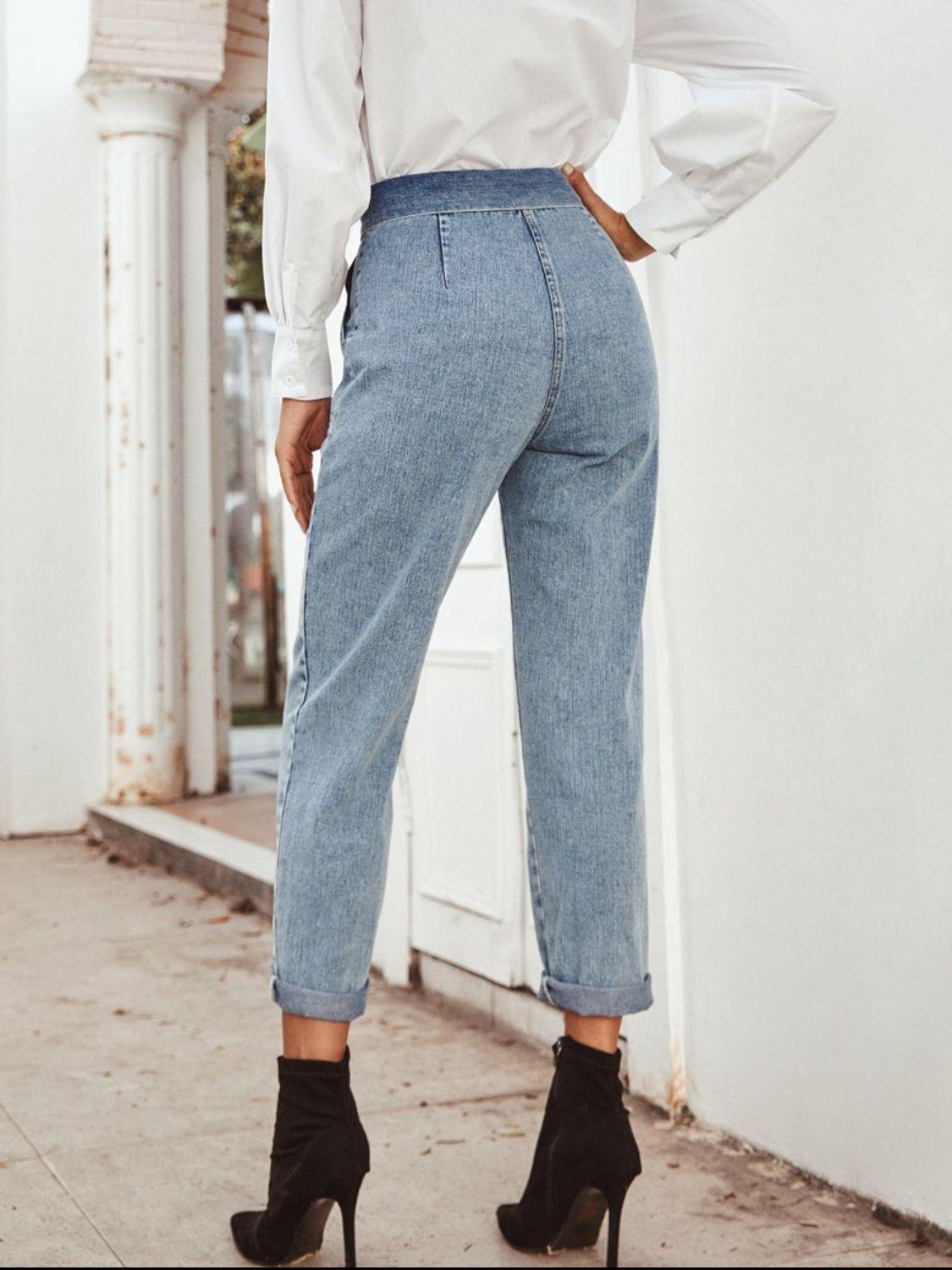 Tied Straight Leg Jeans with Pockets - Clothes For Her Online Store