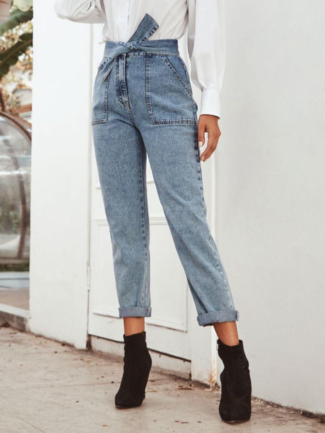 Tied Straight Leg Jeans with Pockets - Clothes For Her Online Store
