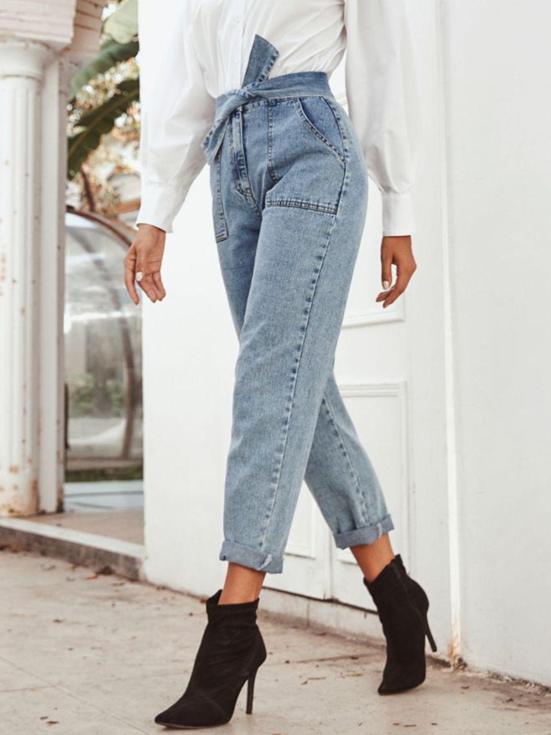 Tied Straight Leg Jeans with Pockets - Clothes For Her Online Store