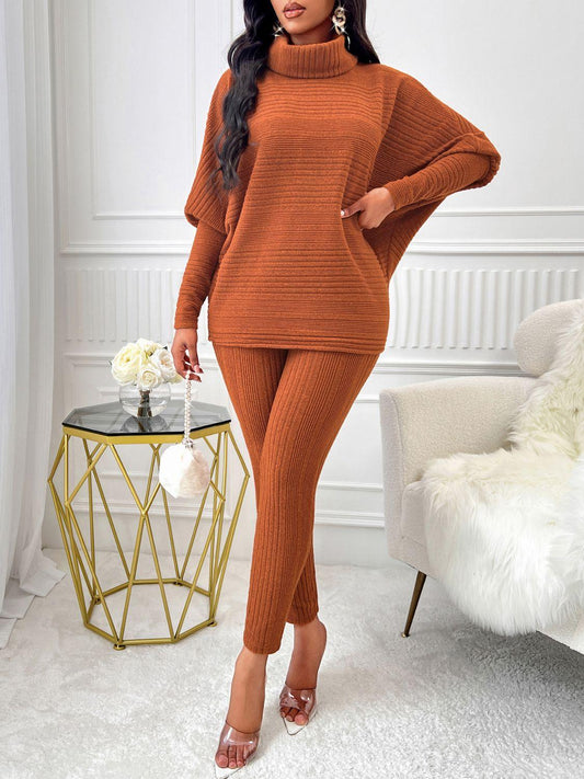 Turtleneck Batwing Sleeve Top and Pants Set - Clothes For Her Online Store