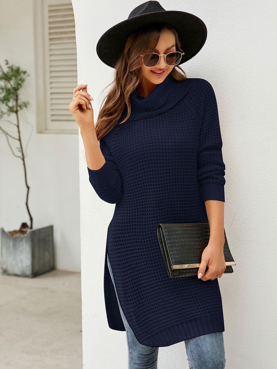 Turtleneck Waffle-Knit Slit Sweater Dress - Clothes For Her Online Store