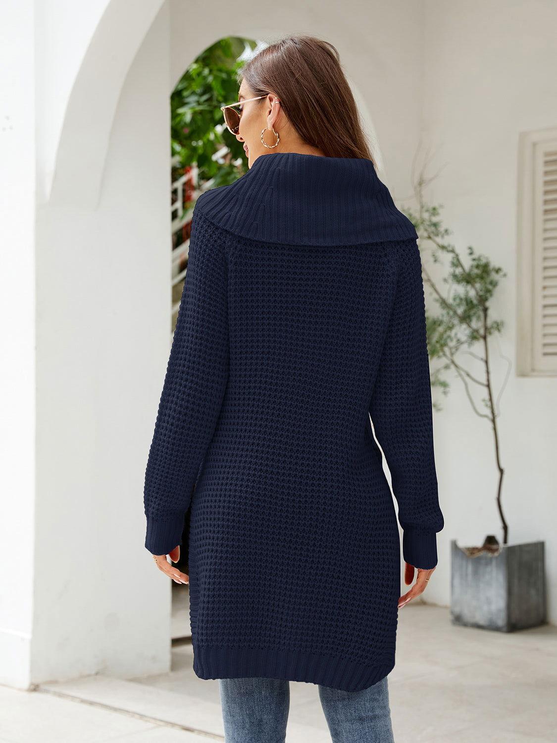 Turtleneck Waffle-Knit Slit Sweater Dress - Clothes For Her Online Store