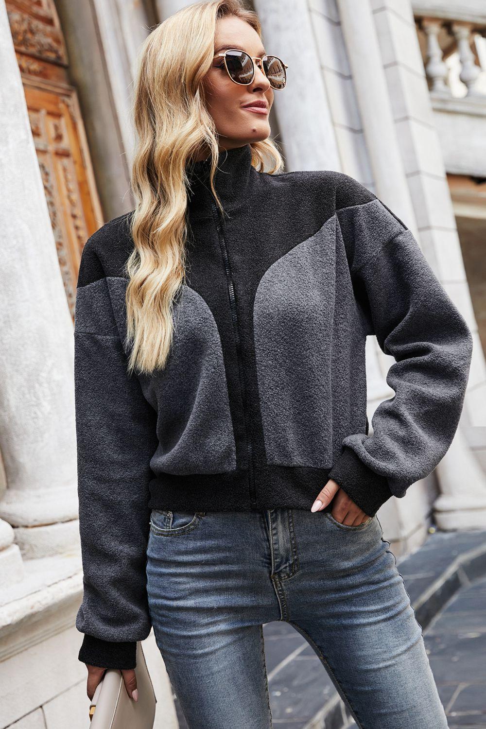 Two-Tone Collared Neck Jacket - Clothes For Her Online Store