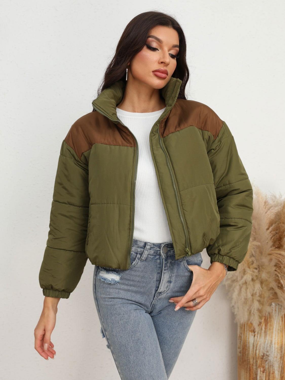 Two-Tone Zip-Up Puffer Jacket - Clothes For Her Online Store