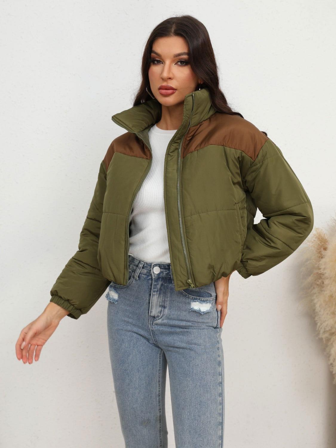 Two-Tone Zip-Up Puffer Jacket - Clothes For Her Online Store