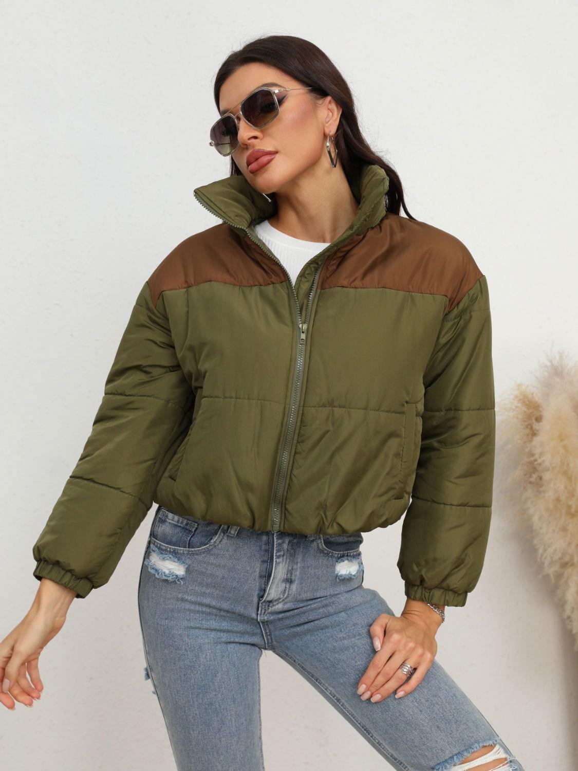 Two-Tone Zip-Up Puffer Jacket - Clothes For Her Online Store