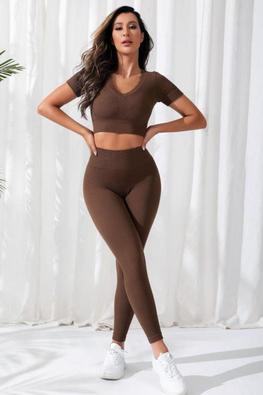 V-Neck Crop Top and High Waistband Long Active Pants - Clothes For Her Online Store