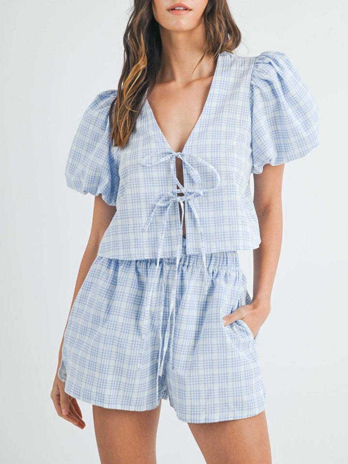 V-Neck Puff Sleeve Top and Shorts Set - Clothes For Her Online Store