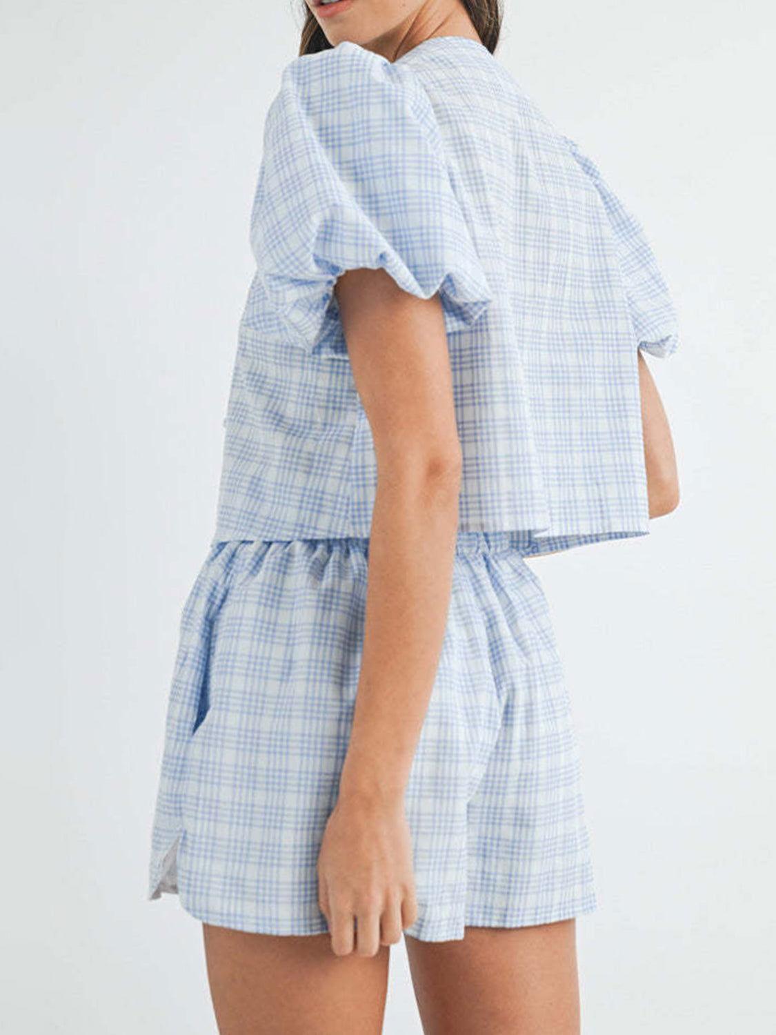 V-Neck Puff Sleeve Top and Shorts Set - Clothes For Her Online Store