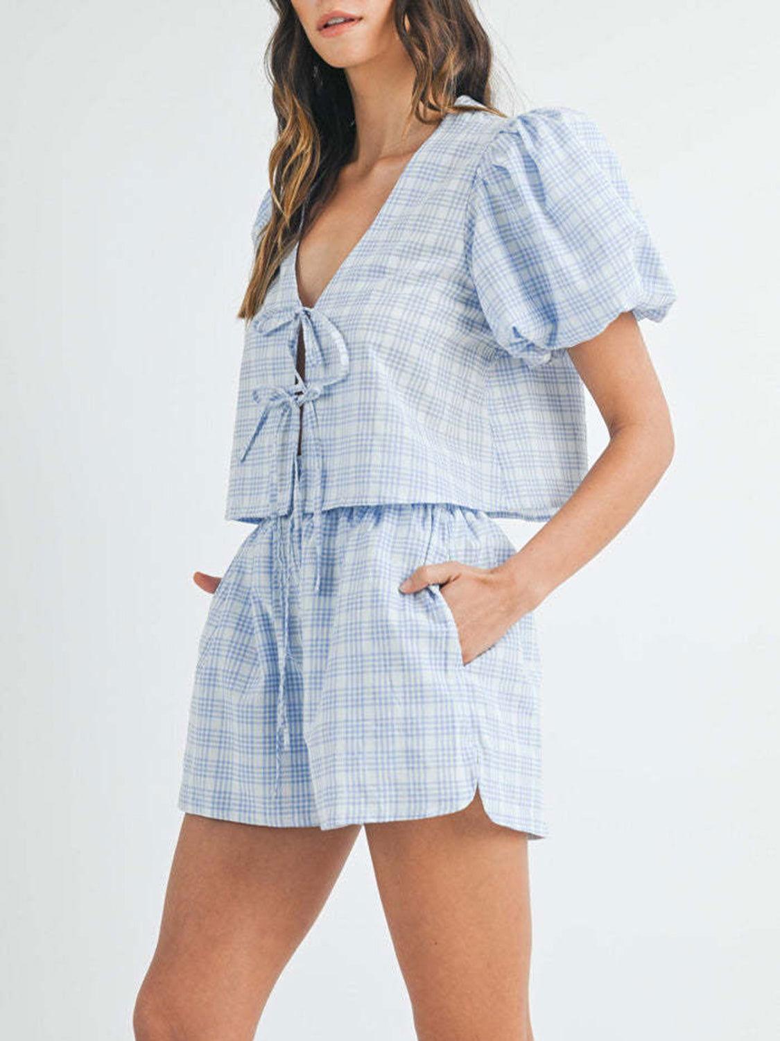 V-Neck Puff Sleeve Top and Shorts Set - Clothes For Her Online Store