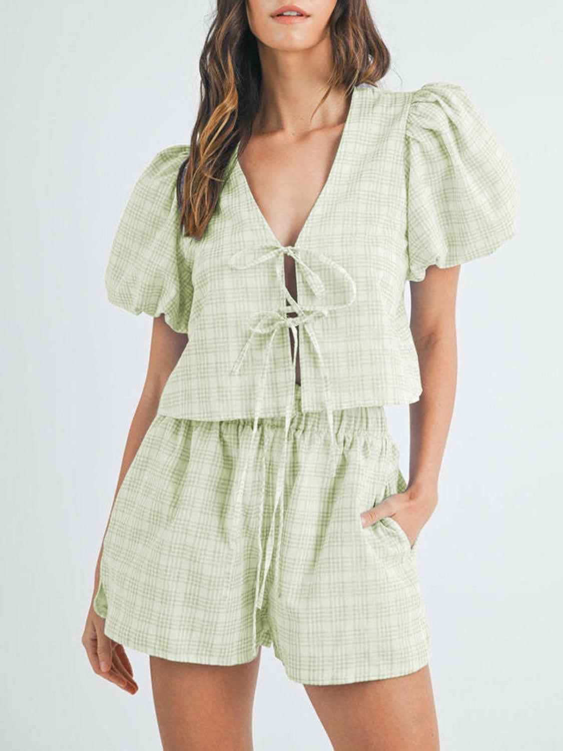 V-Neck Puff Sleeve Top and Shorts Set - Clothes For Her Online Store