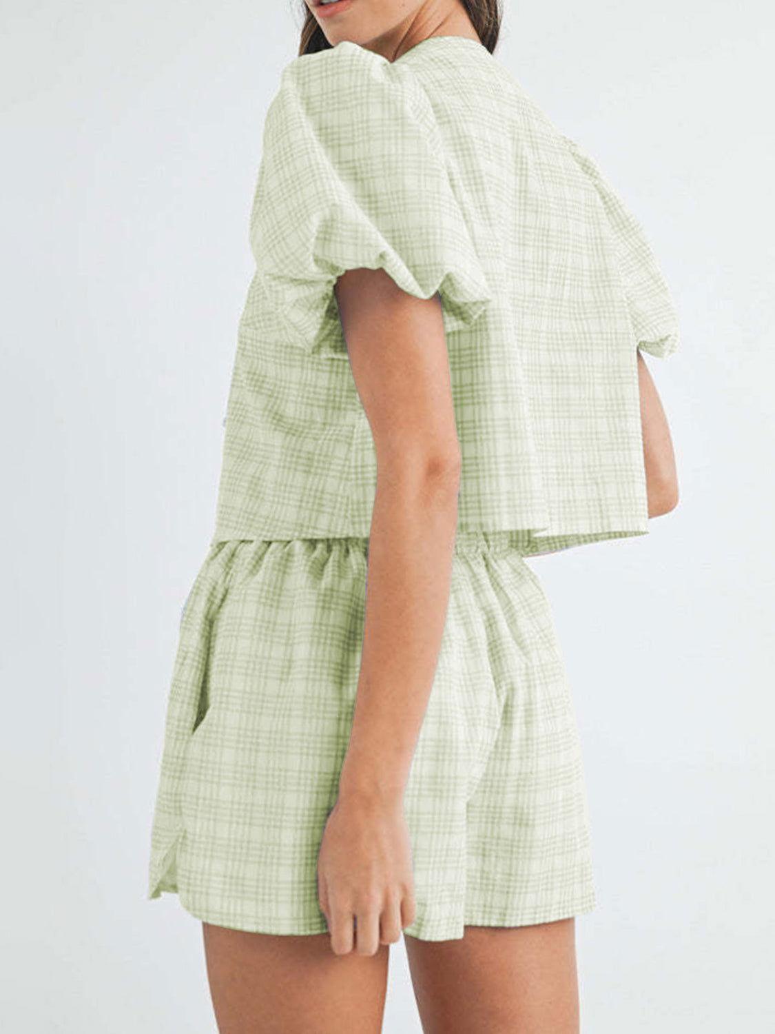 V-Neck Puff Sleeve Top and Shorts Set - Clothes For Her Online Store