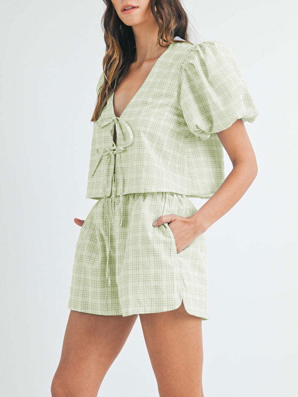 V-Neck Puff Sleeve Top and Shorts Set - Clothes For Her Online Store