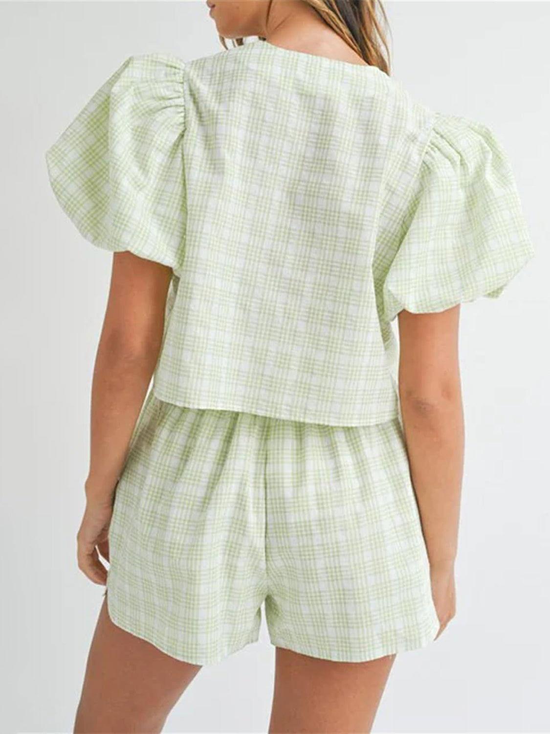V-Neck Puff Sleeve Top and Shorts Set - Clothes For Her Online Store