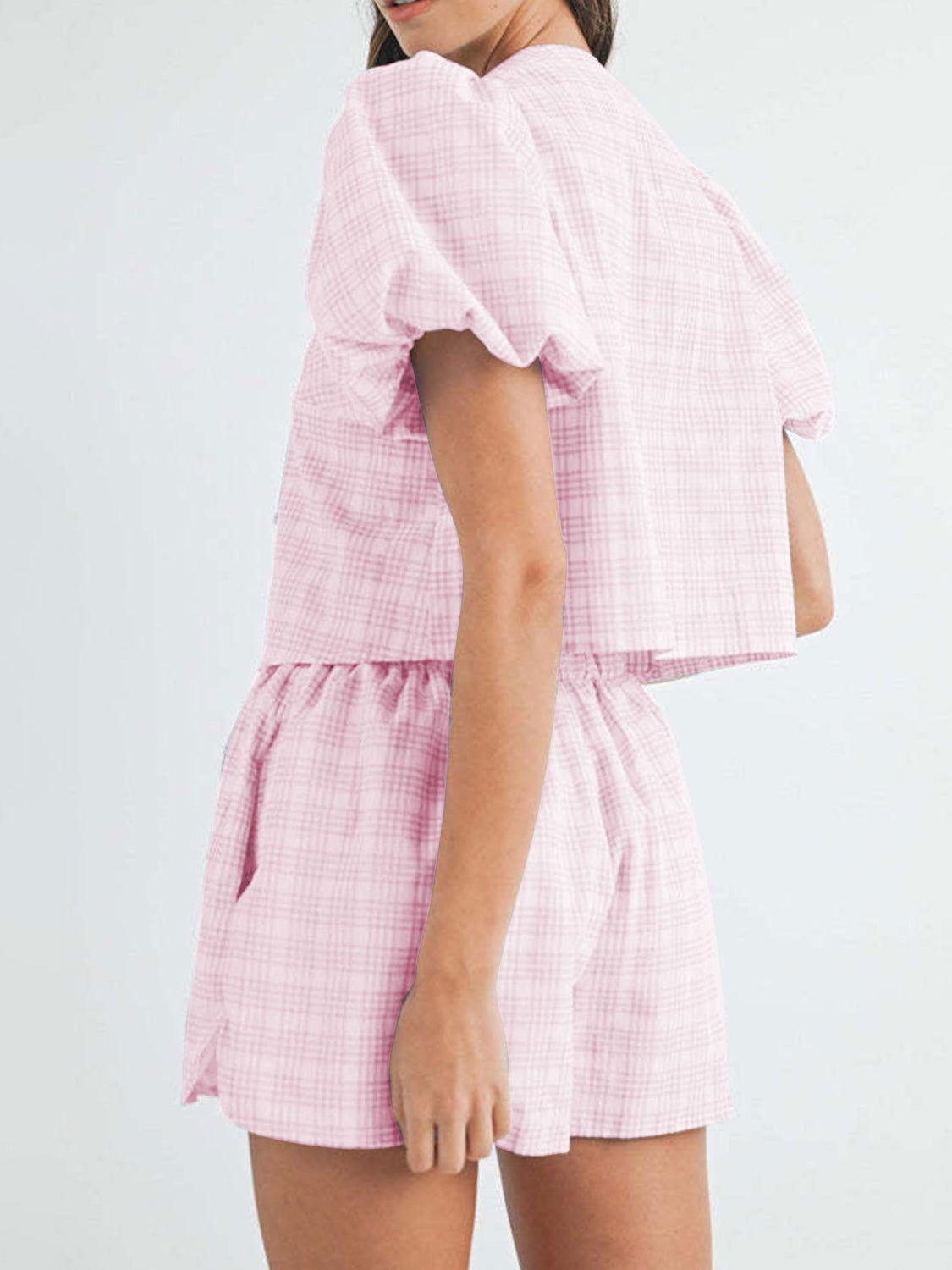 V-Neck Puff Sleeve Top and Shorts Set - Clothes For Her Online Store