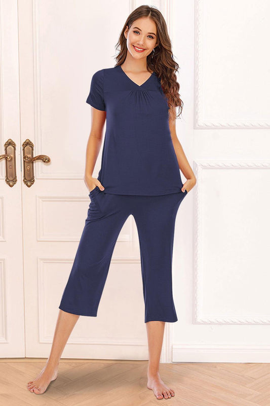 V-Neck Short Sleeve Top and Pants Lounge Set - Clothes For Her Online Store
