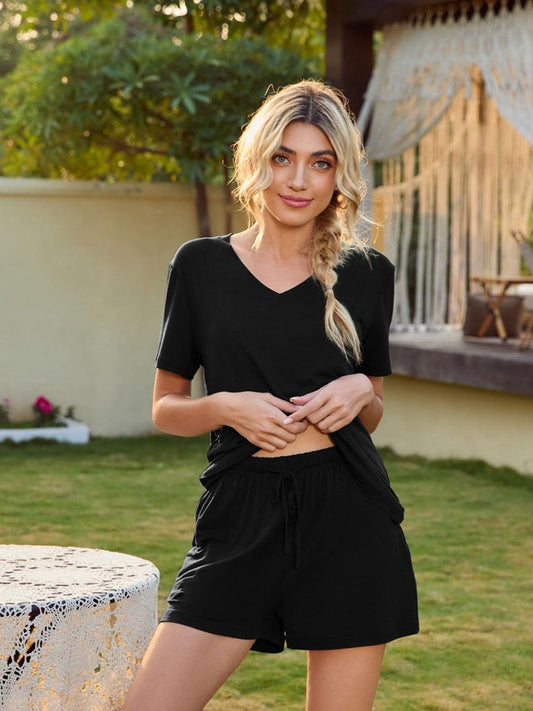 V-Neck Short Sleeve Top and Pocketed Shorts Lounge Set - Clothes For Her Online Store