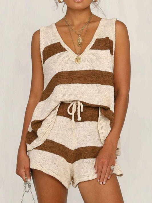V-Neck Sleeveless Top and Drawstring Shorts Sweater Set - Clothes For Her Online Store