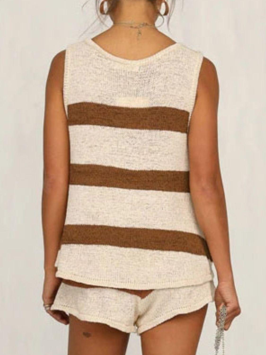 V-Neck Sleeveless Top and Drawstring Shorts Sweater Set - Clothes For Her Online Store