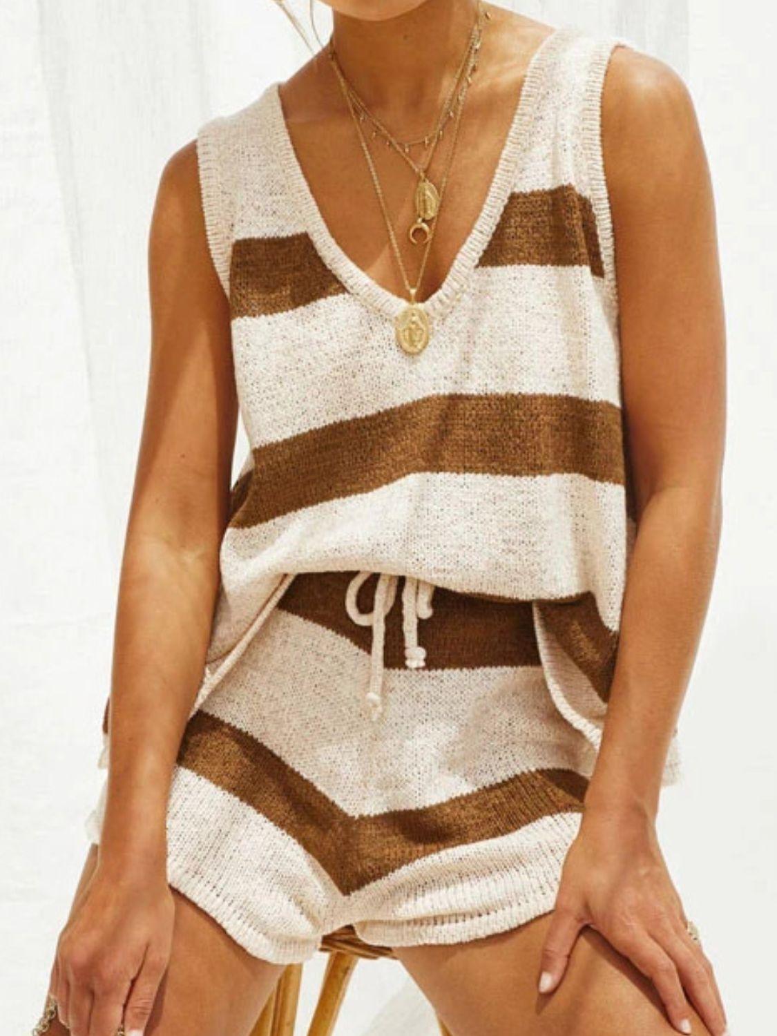 V-Neck Sleeveless Top and Drawstring Shorts Sweater Set - Clothes For Her Online Store